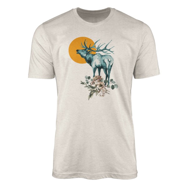 Paul Sinus Art Herren Shirt 100% gekämmte Bio-Baumwolle T-Shirt Aquarell Hirsch Geweih Motiv Nachhaltig Ökomode au