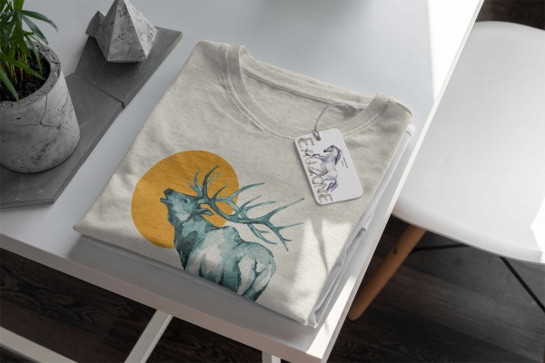 Paul Sinus Art Herren Shirt 100% gekämmte Bio-Baumwolle T-Shirt Aquarell Hirsch Geweih Motiv Nachhaltig Ökomode au Kauf eins, bekomm eins gratis