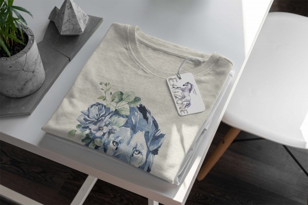 Paul Sinus Art Herren Shirt 100% gekämmte Bio-Baumwolle T-Shirt Aquarell Löwe Blumen Motiv Nachhaltig Ökomode aus Sonderangebote