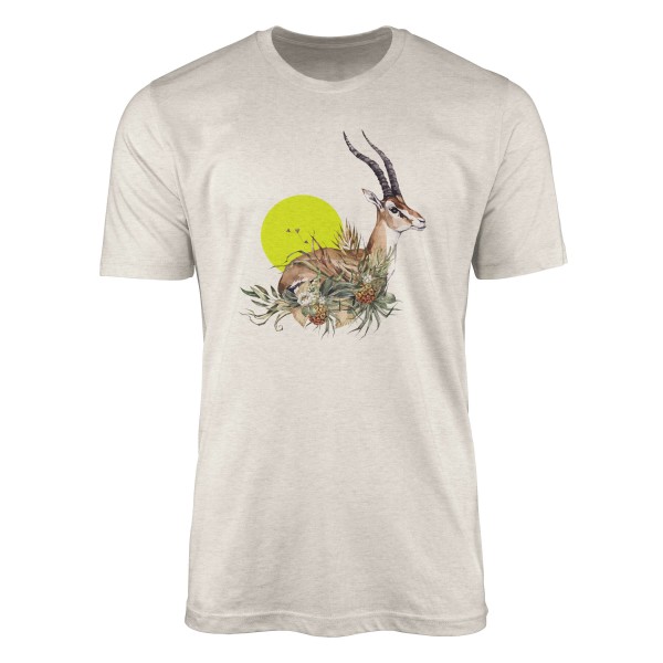 Paul Sinus Art Herren Shirt 100% gekämmte Bio-Baumwolle T-Shirt Aquarell Antilope Blumen Savanne Motiv Nachhaltig