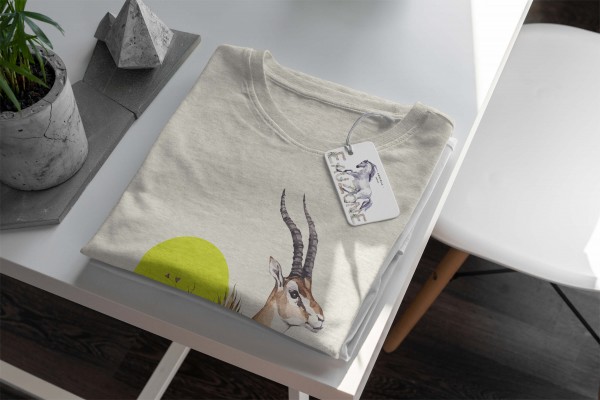 Paul Sinus Art Herren Shirt 100% gekämmte Bio-Baumwolle T-Shirt Aquarell Antilope Blumen Savanne Motiv Nachhaltig Kostenlose Rückgabe