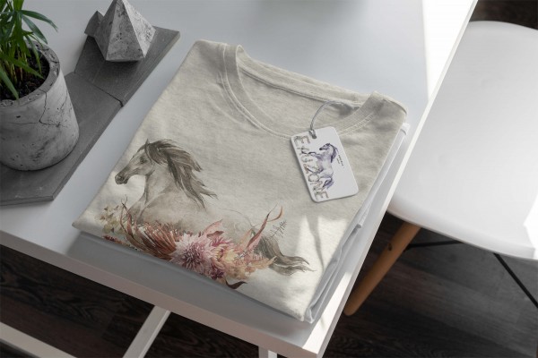 Paul Sinus Art Herren Shirt 100% gekämmte Bio-Baumwolle T-Shirt Aquarell Pferd Blumen Motiv Nachhaltig Ökomode aus Begrenzte Freigabe