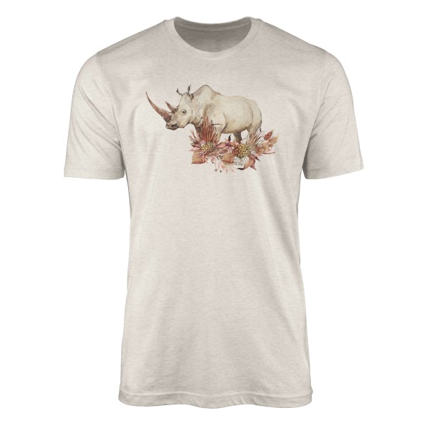 Paul Sinus Art Herren Shirt 100% gekämmte Bio-Baumwolle T-Shirt Aquarell Nashorn Blumen Motiv Nachhaltig Ökomode a