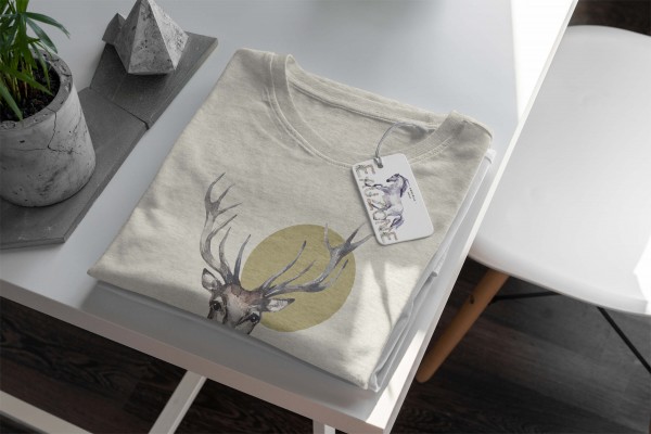 Paul Sinus Art Herren Shirt 100% gekämmte Bio-Baumwolle T-Shirt Aquarell Hirsch Porträt Blumen Motiv Nachhaltig Ök Clearance-Verkauf