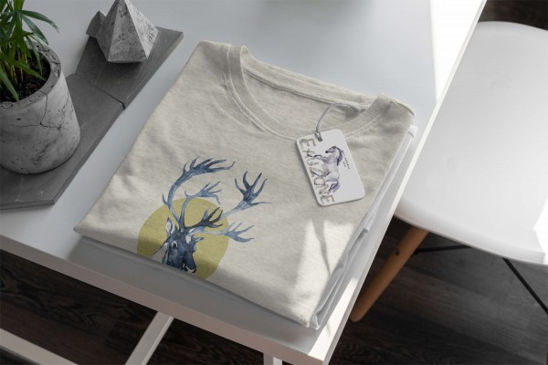 Paul Sinus Art Herren Shirt 100% gekämmte Bio-Baumwolle T-Shirt Aquarell Elch Geweih Motiv Nachhaltig Ökomode aus Fabrikladen