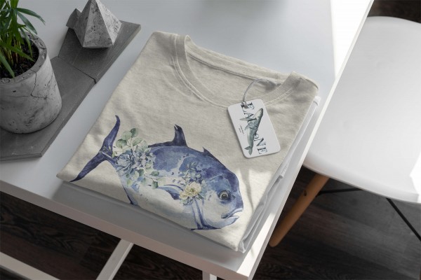 Paul Sinus Art Herren Shirt 100% gekämmte Bio-Baumwolle T-Shirt Fisch Blumen Wasserfarben Motiv Nachhaltig Ökomode Verkauf