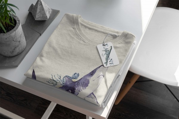 Paul Sinus Art Herren Shirt 100% gekämmte Bio-Baumwolle T-Shirt Hai Wasserfarben Motiv Nachhaltig Ökomode aus erne Sonderangebot