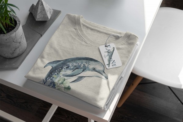 Paul Sinus Art Herren Shirt 100% gekämmte Bio-Baumwolle T-Shirt Delfin Blumen Wasserfarben Motiv Nachhaltig Ökomod Begrenztes Angebot