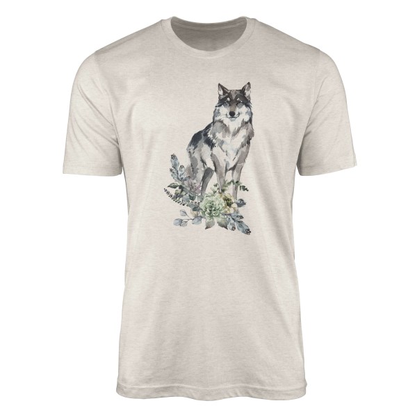 Paul Sinus Art Herren Shirt 100% gekämmte Bio-Baumwolle T-Shirt Aquarell Wolf Blumen Motiv Nachhaltig Ökomode aus