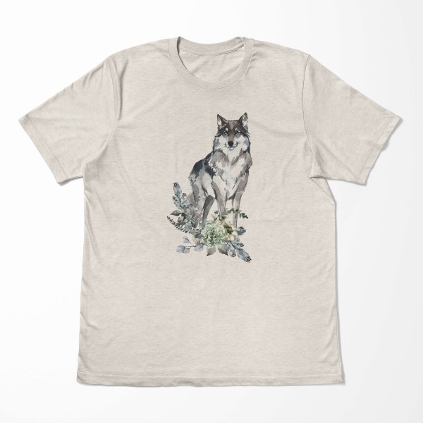 Paul Sinus Art Herren Shirt 100% gekämmte Bio-Baumwolle T-Shirt Aquarell Wolf Blumen Motiv Nachhaltig Ökomode aus Black Friday