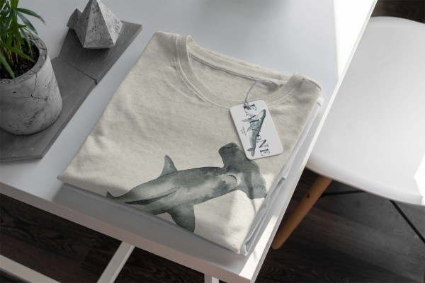 Paul Sinus Art Herren Shirt 100% gekämmte Bio-Baumwolle T-Shirt Hammerhai Wasserfarben Motiv Nachhaltig Ökomode au Weihnachtsangebot