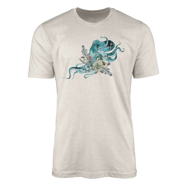 Paul Sinus Art Herren Shirt 100% gekämmte Bio-Baumwolle T-Shirt Blumen Oktopus Wasserfarben Motiv Nachhaltig Ökomo
