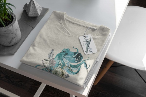 Paul Sinus Art Herren Shirt 100% gekämmte Bio-Baumwolle T-Shirt Blumen Oktopus Wasserfarben Motiv Nachhaltig Ökomo Exklusive Angebote