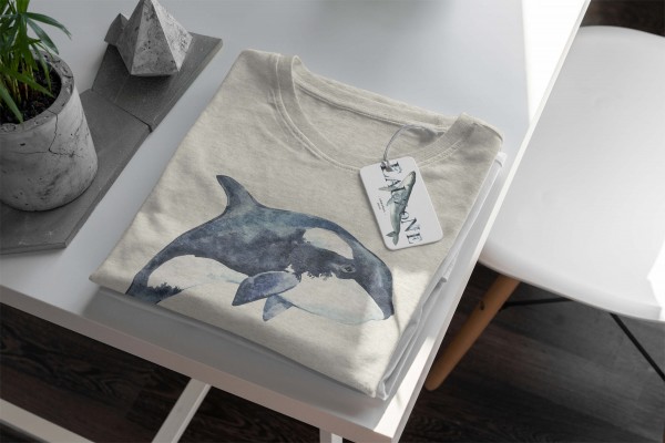 Paul Sinus Art Herren Shirt 100% gekämmte Bio-Baumwolle T-Shirt Killerwal Orca Wasserfarben Motiv Nachhaltig Ökomo Tiefpreis