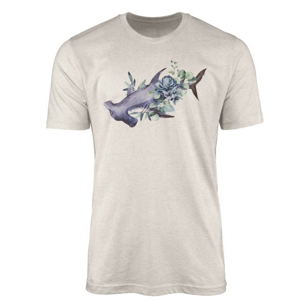 Paul Sinus Art Herren Shirt 100% gekämmte Bio-Baumwolle T-Shirt Hammerhai Blumen Wasserfarben Motiv Nachhaltig Öko