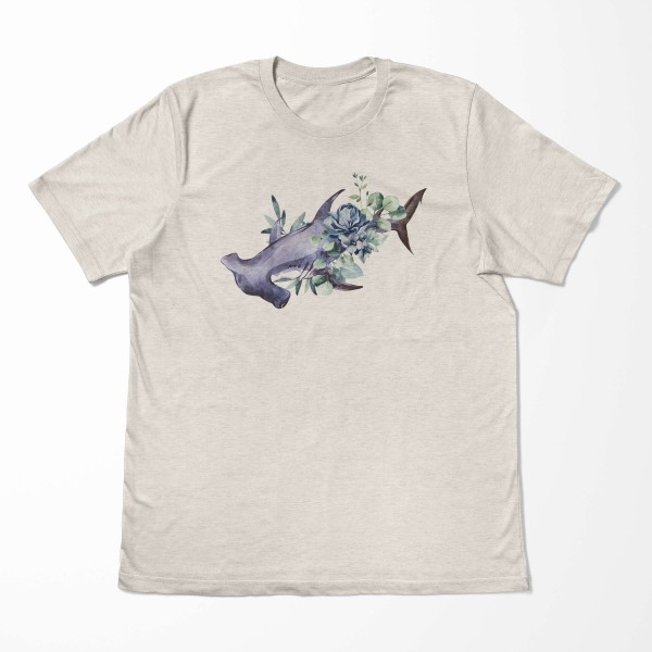 Paul Sinus Art Herren Shirt 100% gekämmte Bio-Baumwolle T-Shirt Hammerhai Blumen Wasserfarben Motiv Nachhaltig Öko Letzte 3 Tage