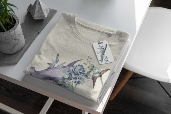 Paul Sinus Art Herren Shirt 100% gekämmte Bio-Baumwolle T-Shirt Hammerhai Blumen Wasserfarben Motiv Nachhaltig Öko Letzte 3 Tage