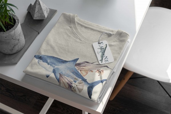 Paul Sinus Art Herren Shirt 100% gekämmte Bio-Baumwolle T-Shirt weißer Hai Wasserfarben Motiv Nachhaltig Ökomode a 2025