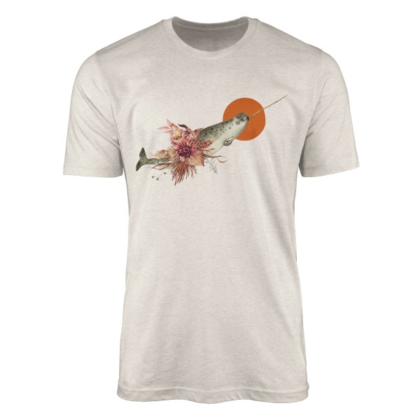 Paul Sinus Art Herren Shirt 100% gekämmte Bio-Baumwolle T-Shirt Narwal Blumen Wasserfarben Motiv Nachhaltig Ökomod