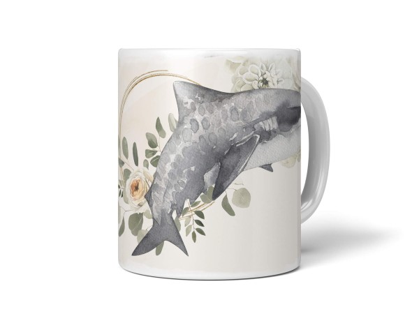 Paul Sinus Art Dekorative Tasse mit schönem Motiv Hai Blumen Blüten Kunstvoll Wasserfarben Aquarell Pastellton
