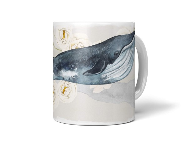 Paul Sinus Art Dekorative Tasse mit schönem Motiv Wal Seiwal Wasserfarben Aquarell Blüten Kunstvoll
