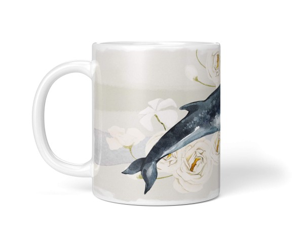 Paul Sinus Art Dekorative Tasse mit schönem Motiv Wal Seiwal Wasserfarben Aquarell Blüten Kunstvoll Cyber Monday