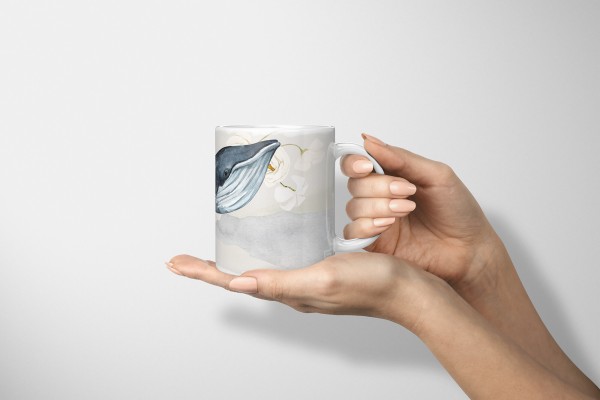 Paul Sinus Art Dekorative Tasse mit schönem Motiv Wal Seiwal Wasserfarben Aquarell Blüten Kunstvoll Cyber Monday