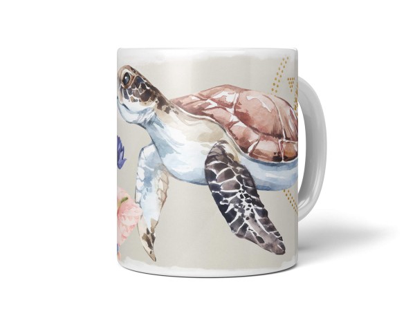 Paul Sinus Art Dekorative Tasse mit schönem Motiv Seeschildkröte unter Wasser Aquarell Blumen Pastellton