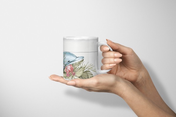 Paul Sinus Art Dekorative Tasse mit schönem Motiv Delfin Blumen Blüten Exotisch Wasserfarben Vintage Muttertagsangebot