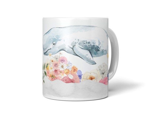 Paul Sinus Art Dekorative Tasse mit schönem Motiv Weißwal Beluga Wasserfarben Pastellton Blumen Blüten