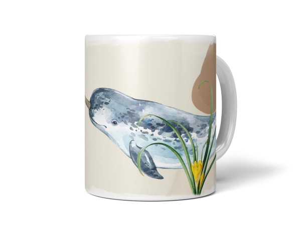 Paul Sinus Art Dekorative Tasse mit schönem Motiv Narwal Wasserfarben Blumen Kunstvoll Pastellton