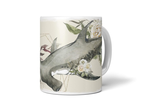 Paul Sinus Art Dekorative Tasse mit schönem Motiv Hammerhai Hai Blumen Blüten Pastellton Vintage