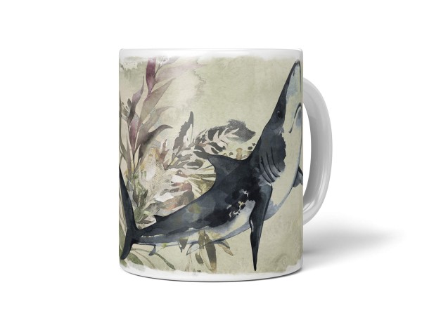 Paul Sinus Art Dekorative Tasse mit schönem Motiv weißer Hai Wasserfarben Aquarell Braun Vintage