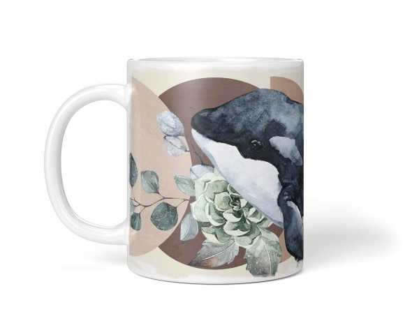 Paul Sinus Art Dekorative Tasse mit schönem Motiv Orca Schwertwal Wasserfarben Blumen Kunstvoll Exklusive Angebote