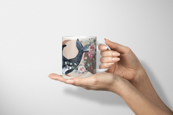 Paul Sinus Art Dekorative Tasse mit schönem Motiv Orca Schwertwal Wasserfarben Blumen Kunstvoll Exklusive Angebote
