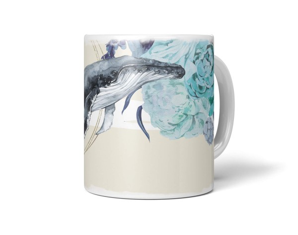 Paul Sinus Art Dekorative Tasse mit schönem Motiv Buckelwal Wal Blumen Blüten Vintage Blau Pastelltöne