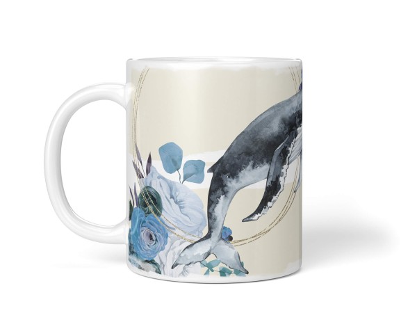 Paul Sinus Art Dekorative Tasse mit schönem Motiv Buckelwal Wal Blumen Blüten Vintage Blau Pastelltöne Blitzangebot