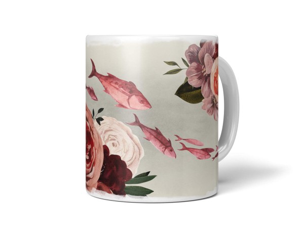 Paul Sinus Art Dekorative Tasse mit schönem Motiv Fische Blumen Rosen Kunstvoll Vintage Rot Aquarell