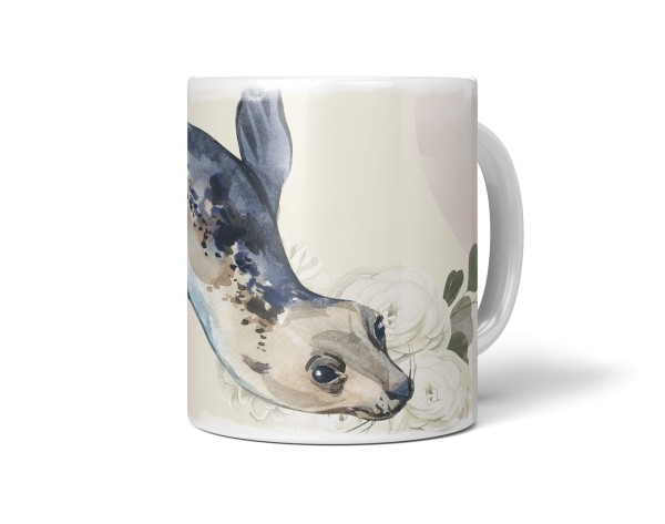 Paul Sinus Art Dekorative Tasse mit schönem Motiv Robbe Seehund Blumen Blüten Kunstvoll Pastelltöne