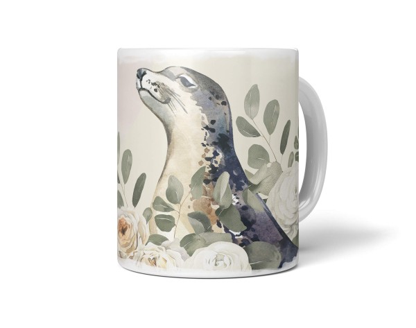 Paul Sinus Art Dekorative Tasse mit schönem Motiv Seehund Robbe Blumen Wasserfarben Vintage Pastelltöne