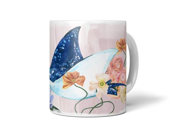 Paul Sinus Art Dekorative Tasse mit schönem Motiv Manta Rochen Riesenrochen Aquarell Blumen Farbenfroh Wasserfarben