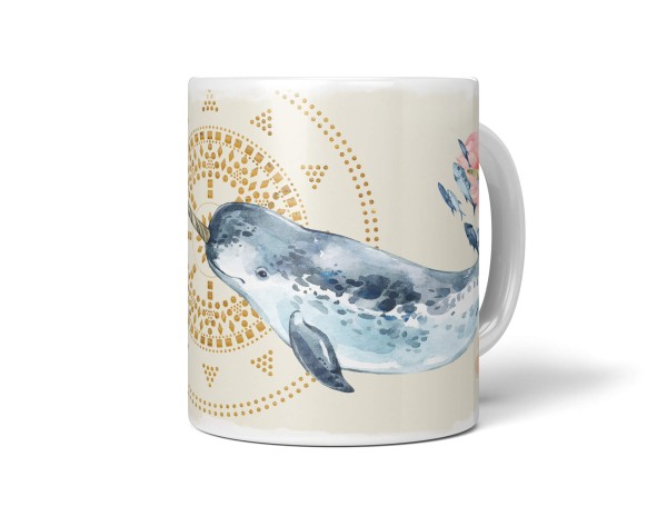 Paul Sinus Art Dekorative Tasse mit schönem Motiv Narwal Fische unter Wasser Blumen Blüten Kunstvoll Aquarell