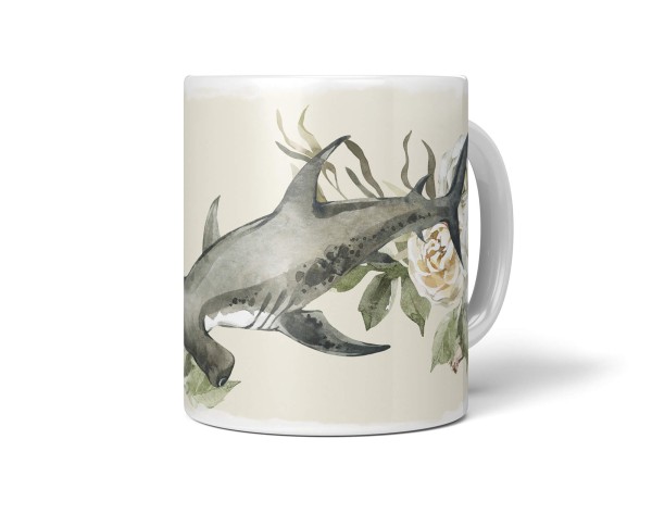 Paul Sinus Art Dekorative Tasse mit schönem Motiv Hammerhai Hai Kunstvoll Pastelltöne Blumen Korallen