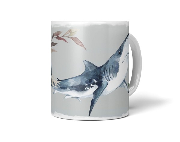 Paul Sinus Art Dekorative Tasse mit schönem Motiv weißer Hai unter Wasser Pflanzen Aquarell Wasserfarben