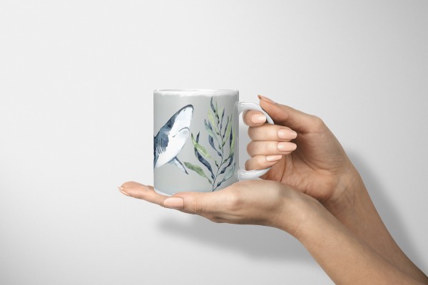 Paul Sinus Art Dekorative Tasse mit schönem Motiv weißer Hai unter Wasser Pflanzen Aquarell Wasserfarben Wochenangebot