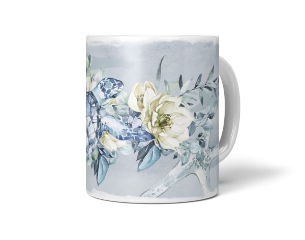 Paul Sinus Art Dekorative Tasse mit schönem Motiv Seeschildkröte Korallen unter Wasser Aquarell Blumen Seestern