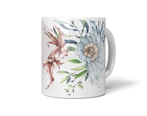 Paul Sinus Art Dekorative Tasse mit schönem Motiv Fisch Kampffisch Seemuschel Wasserfarben Aquarell