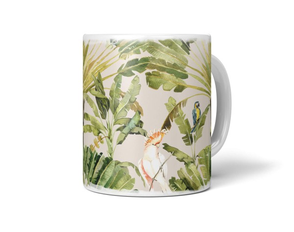 Paul Sinus Art Dekorative Tasse mit schönem Motiv Palmen Muster Grün Wasserfarben Papagei Kakadus Tropisch