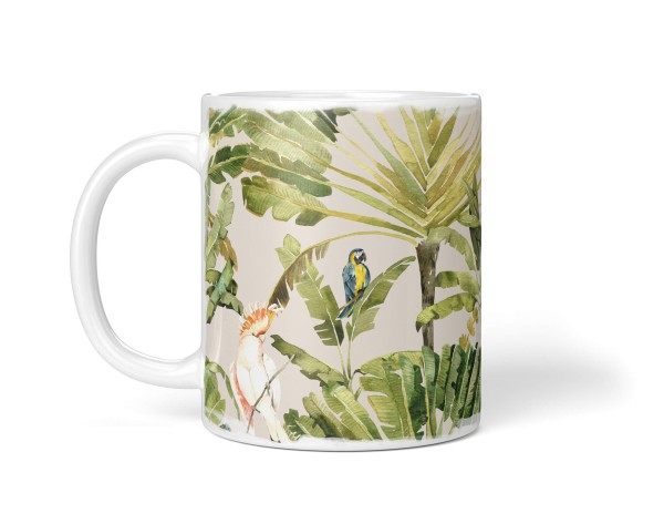 Paul Sinus Art Dekorative Tasse mit schönem Motiv Palmen Muster Grün Wasserfarben Papagei Kakadus Tropisch Outlet