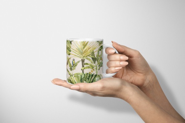 Paul Sinus Art Dekorative Tasse mit schönem Motiv Palmen Muster Grün Wasserfarben Papagei Kakadus Tropisch Outlet